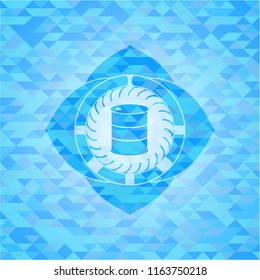 barrel icon inside realistic sky blue emblem. Mosaic background