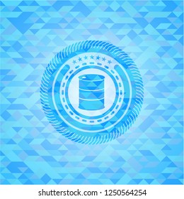 barrel icon inside realistic sky blue emblem. Mosaic background