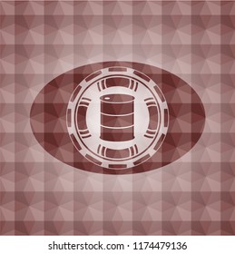 barrel icon inside red emblem or badge with abstract geometric polygonal pattern background. Seamless.
