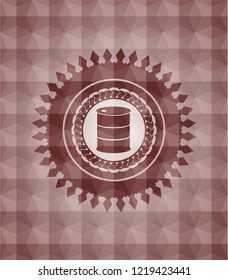 barrel icon inside red emblem with geometric background.