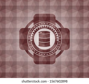 barrel icon inside red emblem with geometric background. Seamless.