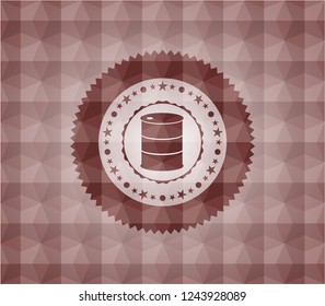 barrel icon inside red seamless emblem or badge with geometric pattern background.