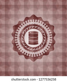 barrel icon inside red seamless emblem with geometric pattern.