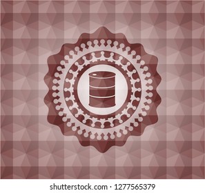 barrel icon inside red seamless emblem or badge with abstract geometric polygonal pattern background.