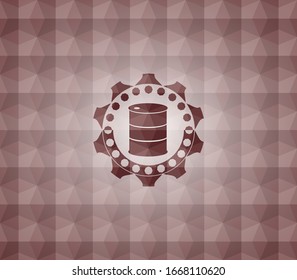 barrel icon inside red seamless emblem or badge with abstract geometric pattern background.