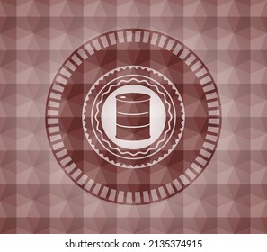 barrel icon inside red seamless emblem with geometric pattern background. 