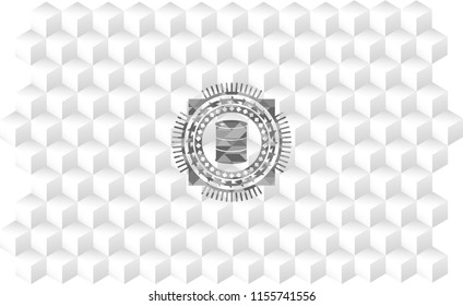 barrel icon inside retro style grey emblem with geometric cube white background
