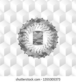 barrel icon inside retro style grey emblem with geometric cube white background