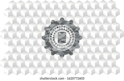 barrel icon inside retro style grey emblem with geometric cube white background