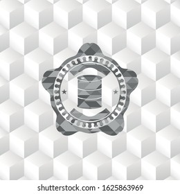 barrel icon inside retro style grey emblem with geometric cube white background