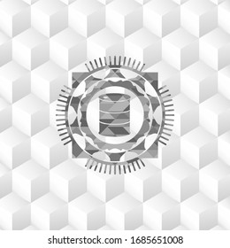 barrel icon inside retro style grey emblem with geometric cube white background