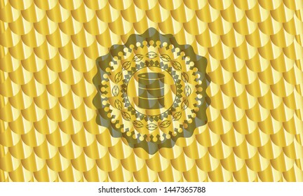 barrel icon inside shiny golden emblem. Scales pattern. Vector Illustration. Detailed.