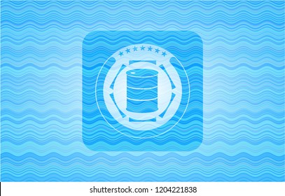 barrel icon inside sky blue water wave emblem background.