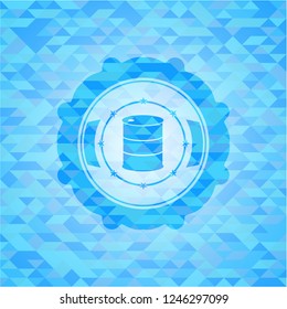 barrel icon inside sky blue emblem with mosaic ecological style background