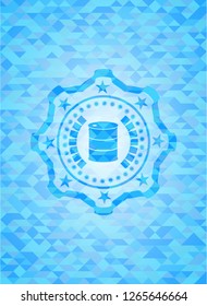 barrel icon inside sky blue emblem. Mosaic background