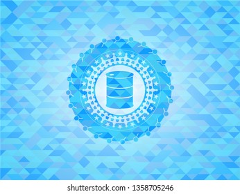barrel icon inside sky blue emblem with mosaic background