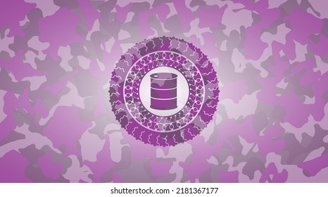 barrel icon on pink and purple camo pattern. 