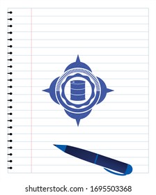 barrel icon pen strokes emblem. Blue ink. Vector Illustration. Detailed.