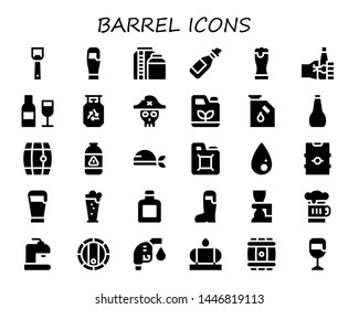 barrel icon set. 30 filled barrel icons.  Simple modern icons about  - Bottle opener, Beer, Tank, Oil, Oktoberfest, Wine, Gas, Pirate, Gasoline, Fuel, Liquify, Whisky, Barrel