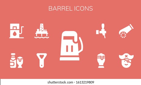 barrel icon set. 9 filled barrel icons.  Simple modern icons such as: Beer, Bottle opener, Oil pump, Gas station, Pirate, Cannon