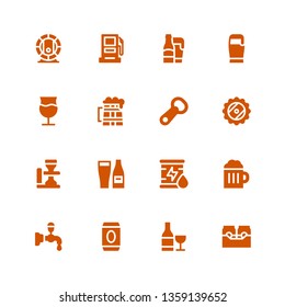 barrel icon set. Collection of 16 filled barrel icons included Beer, Wine, Beer tap, Oil, Bottle opener, Gasoline station