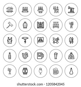 Barrel icon set. collection of 25 outline barrel icons with barrel, beer, bottle opener, coal, cannon, corkscrew, fuel station, gas, oil pump, oil icons. editable icons.