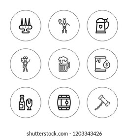 Barrel icon set. collection of 9 outline barrel icons with beer, corkscrew, fuel, pirates, pirate icons. editable icons.