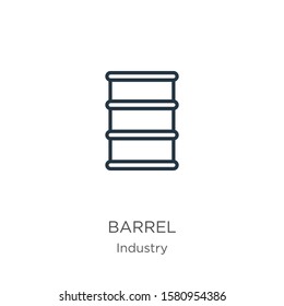 Barrel icon. Thin linear barrel outline icon isolated on white background from industry collection. Line vector sign, symbol for web and mobile