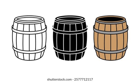 Barrel icon vector set. Wooden keg icons in thin line, flat, and color style with editable stroke on white background. Beer and brewing sign and symbol. Vector illustration