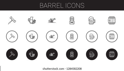 barrel icons set. Collection of barrel with corkscrew, wine, cannon, water tank, beer. Editable and scalable barrel icons.