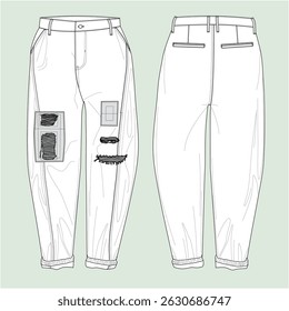 Silhueta de calça jeans barril com patchwork e reparação. Contorno jeans com patchwork e reparação.
