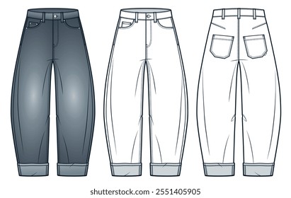 Barrel Leg Jeans technical fashion illustration. Denim Pants fashion flat technical drawing template, mid rise, pockets, cuffs, front and back view, white, grey, women, men, unisex CAD mockup set.