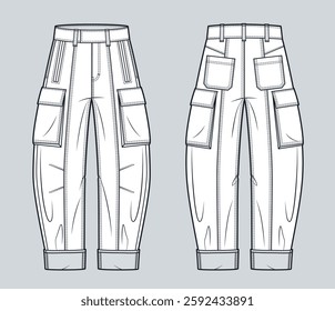 Barrel Leg Jeans Technical Fashion Illustration. Cargo Pants fashion flat technical drawing template, mid rise, pockets, cuffs, front and back view, white, women, men, unisex CAD mockup.