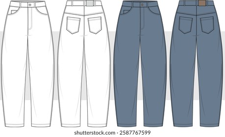 Barrel Leg Jeans trousers technical fashion illustration. Denim Pants, boyfriend - mom jeans fashion flat technical drawing template, front and back view, CAD mockup set.