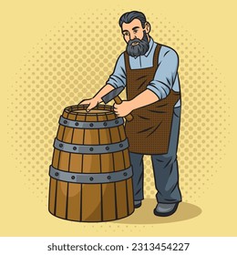 barrel maker cooper man with barrel pinup pop art retro vector illustration. Comic book style imitation.