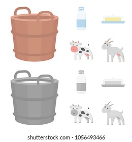 A barrel of milk, butter, a cow. Milk set collection icons in cartoon,monochrome style vector symbol stock illustration web.