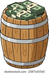 Barrel of Money – Cash Stacks, Wealth, Financial Success, Business Investment, and Economic Prosperity Concept Illustration