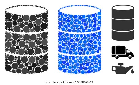 Barrel mosaic of small circles in different sizes and color tinges, based on barrel icon. Vector random circles are combined into blue mosaic. Dotted barrel icon in usual and blue versions.