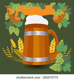 Barrel mug with wheat and hops. Vector illustration