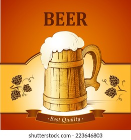Barrel mug with wheat and hops. Vector