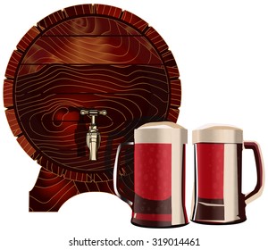 Barrel and mugs, vector illustration, isolated on white