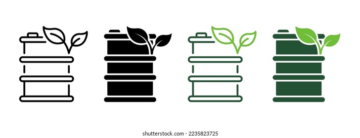 Barrel with Natural Eco Oil Line and Silhouette Icon Set. Metal Tank with Ecology Organic Energy Pictogram. Gallon for Bio Energy Symbol Collection on White Background. Isolated Vector Illustration.