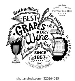 Barrel near grapes leaf with lettering best wine