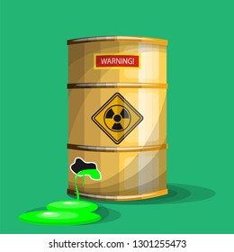 Barrel with nuclear waste. In the barrel there is a hole through which dangerous contents flow. Vector illustration