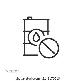 icono de prohibición de aceite de barril, sello de almacenamiento o uso prohibido, símbolo de línea delgada sobre fondo blanco - ilustración de vector de trazo editable