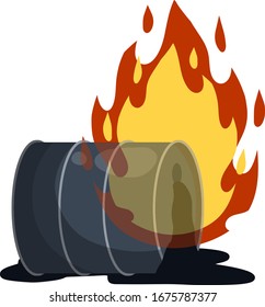 Barrel of oil. Burning fossil fuels. Petroleum packaging. Fire in gasoline Tank. Resource crisis. Accident and flames. Cartoon flat illustration