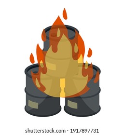 Barrel Öl. Verbrennung fossiler Brennstoffe. Erdölverpackungen. Feuer im Benzintank. Ressourcenkrise. Unfall und Flammen. Cartoon-Flachgrafik