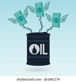 A barrel of oil chained dollar bills with wings. Oil production. Environmental pollution. The power of money and oil. The dependence on the petrodollar.