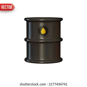 Barrel of oil. Container with fuel. Black Barrel of gasoline. Realistic 3d design element In plastic cartoon style. Icon isolated on white background. Vector illustration