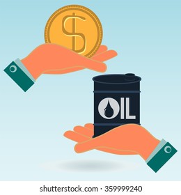 A barrel of oil and the dollar gold coin in hands. Oil market. Illegal sale of oil.
